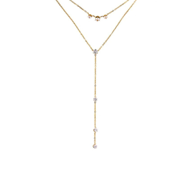 Collier double long acier inoxydable Zircon