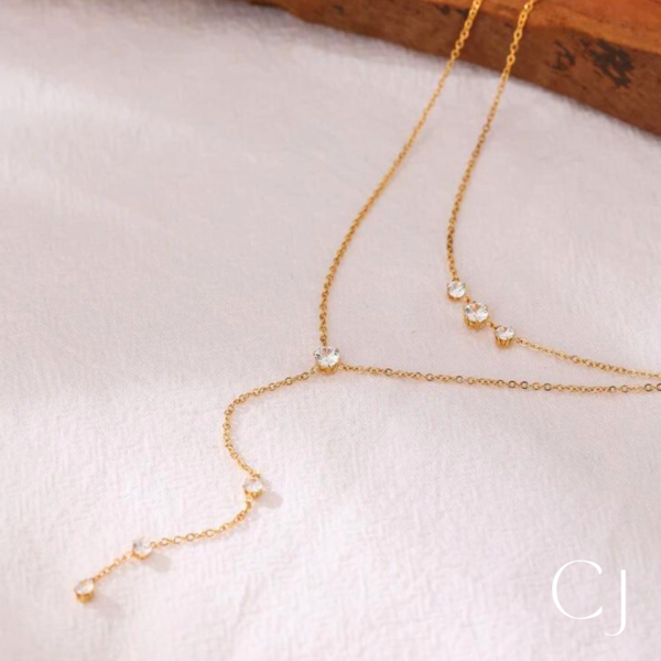 Collier double long acier inoxydable Zircon