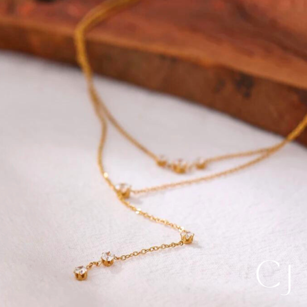 Collier double long acier inoxydable Zircon